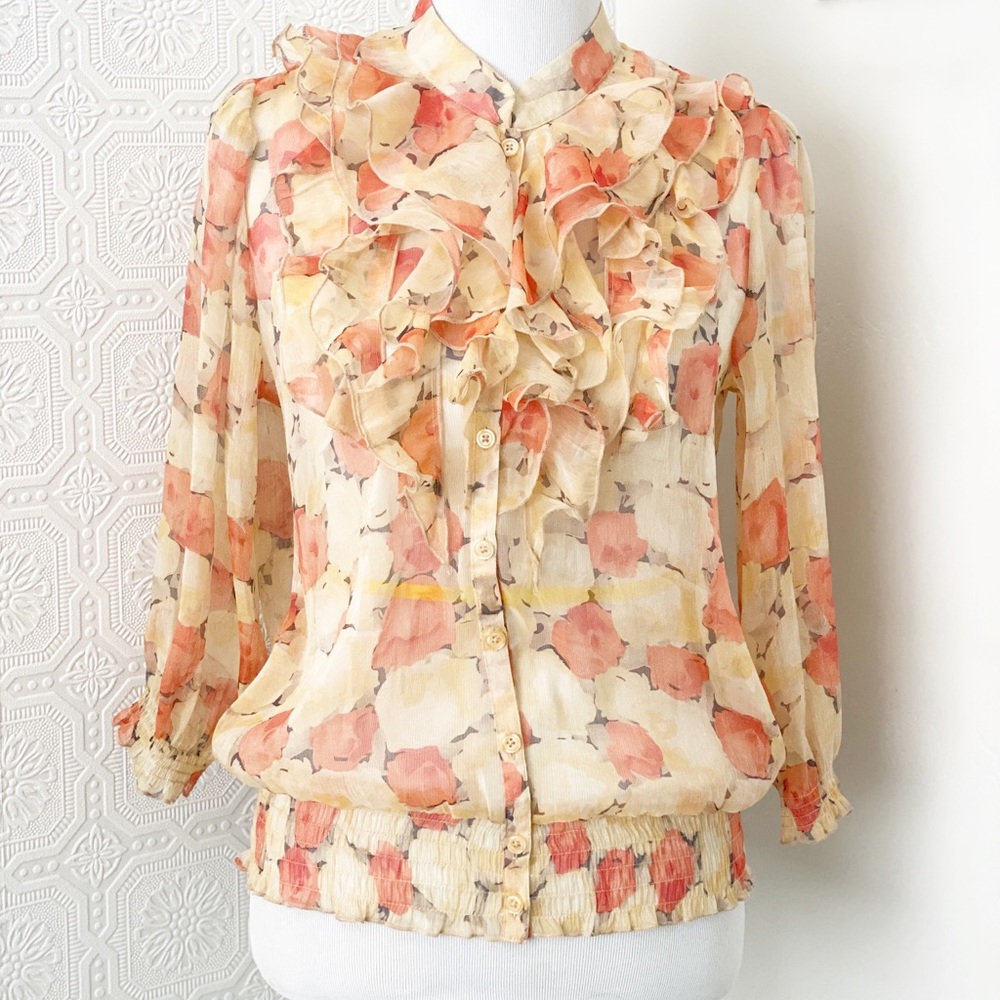 Ruffle floral blouse silk victorian style M